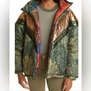 Farm Rio Green Cool Leopard Reversible Puffer Jacket with hoodie Size S